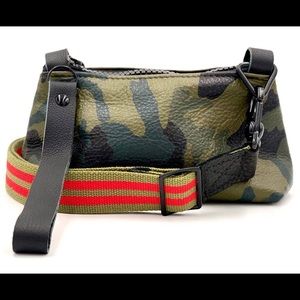 Leather crossbody phone bag, camo with striped strap